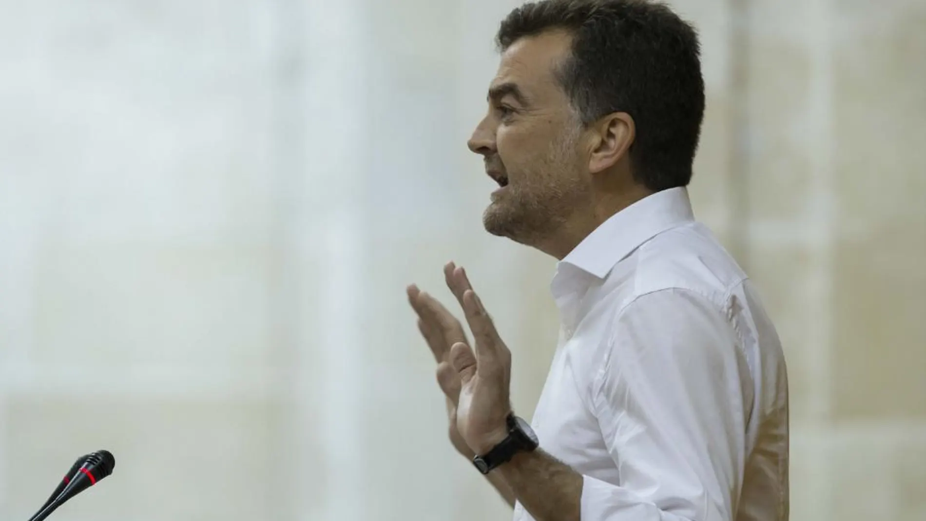 El coordinador general de IU Andalucía, Antonio Maillo, durante su intervención en el Pleno del Parlamento andaluz en Sevilla