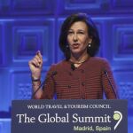 La presidenta del Banco Santander, Ana Patricia Botín, durante su intervención en la decimoquinta edición de la Cumbre anual del Consejo Mundial del Turismo (WTTC), hoy en Madrid