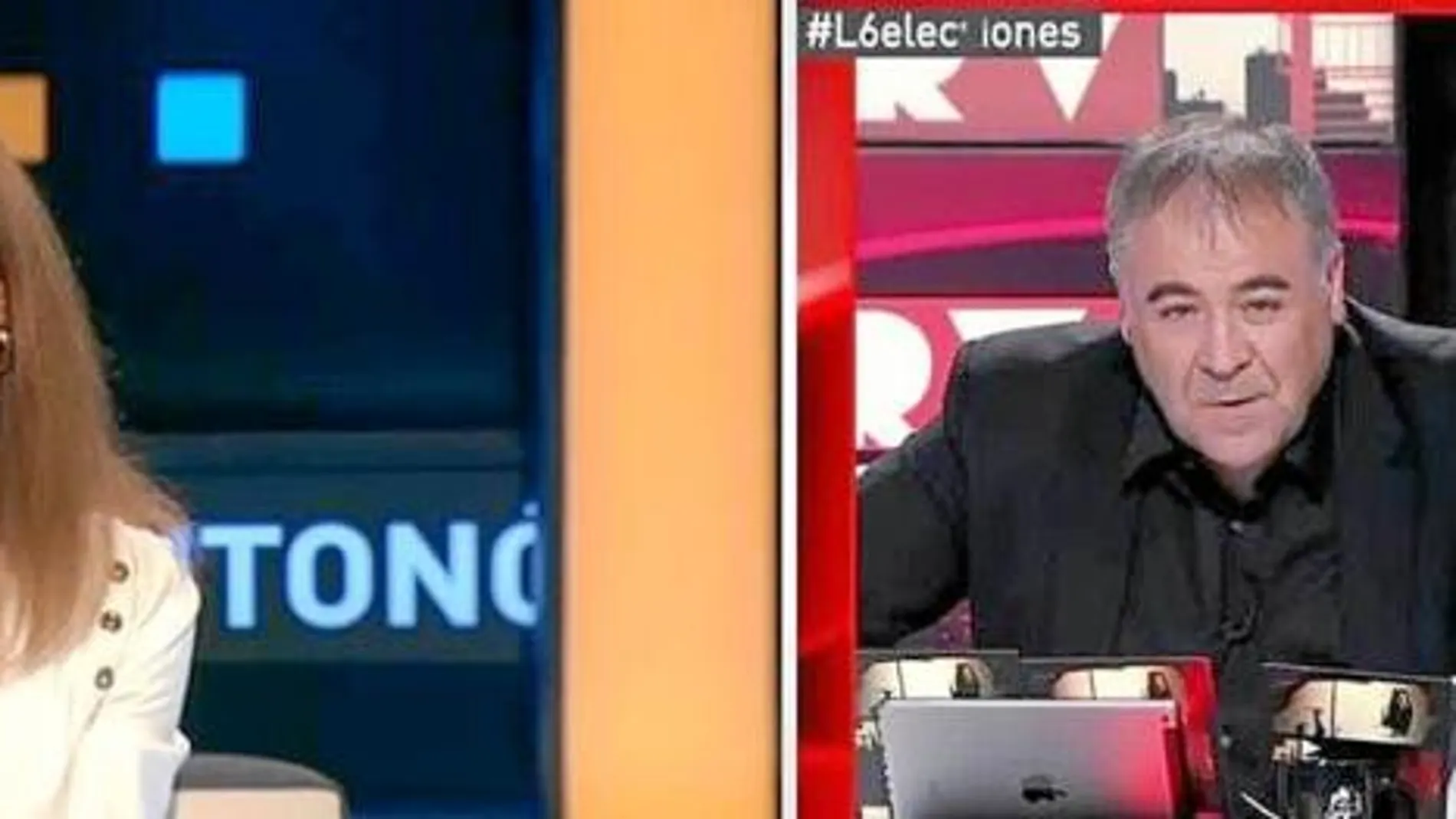 A la izda., Gloria Lomana en el Especial Elecciones de A-3. A la dcha., Ferreras y Pastor en el especial de «Al rojo vivo»