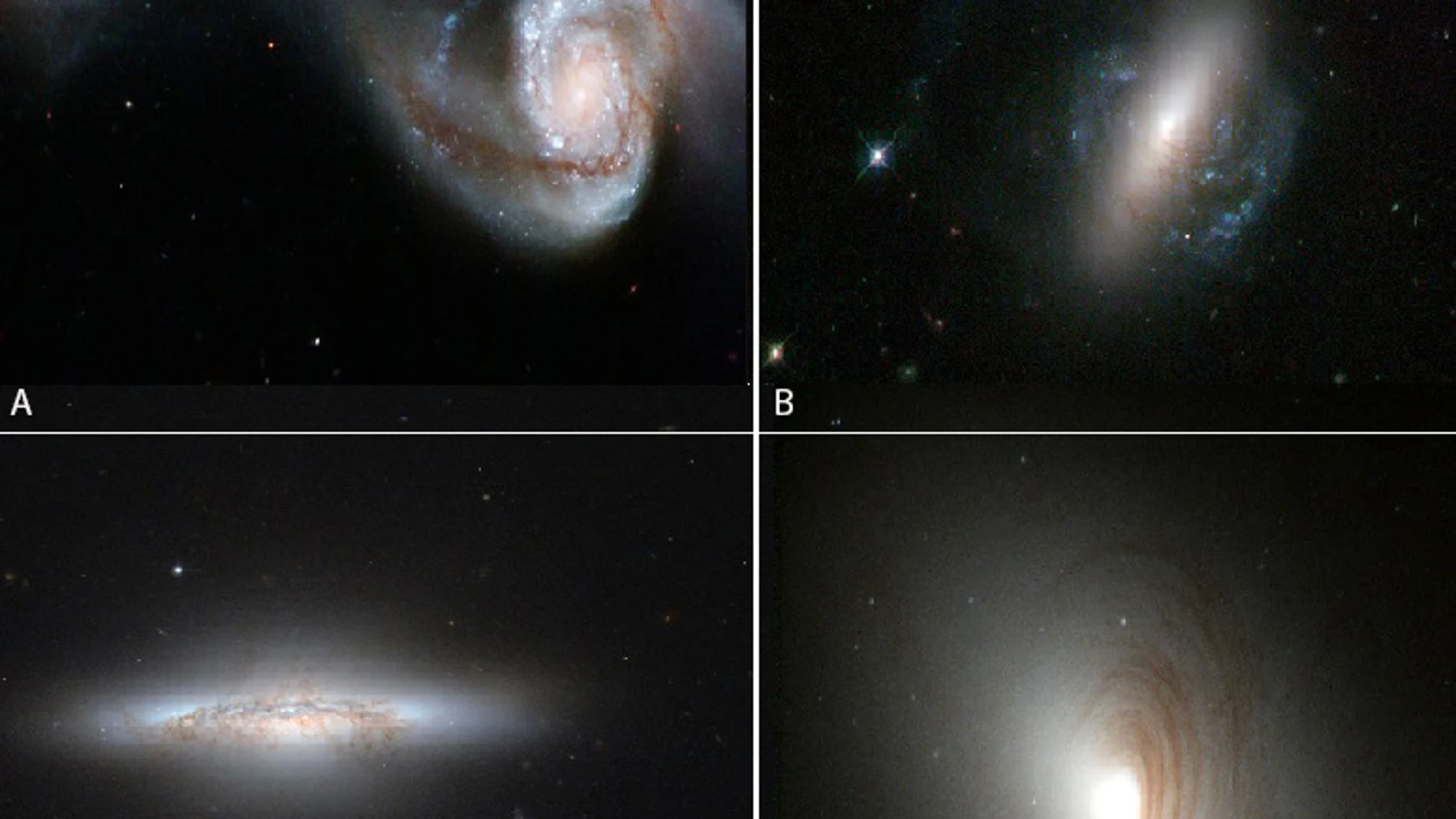 Imágenes de diferentes galaxias reales que pueden estar en estados de evolución análogos a los de la simulación.