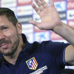 El entrenador del Atlético de Madrid, el argentino Diego Simeone, durante la rueda de prensa ofrecida esta mañana.
