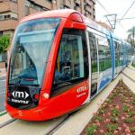 Imagen reciente de la línea experimental del tranvía por Murcia