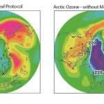 A la derecha, la apariencia que habría tenido el agujero de la capa de ozono el 26 de marzo de 2011 si no hubiera existido el Protocolo de Montreal. A la izquierda, cómo apareció la capa de ozono ese mismo día gracias a las medidas del protocolo