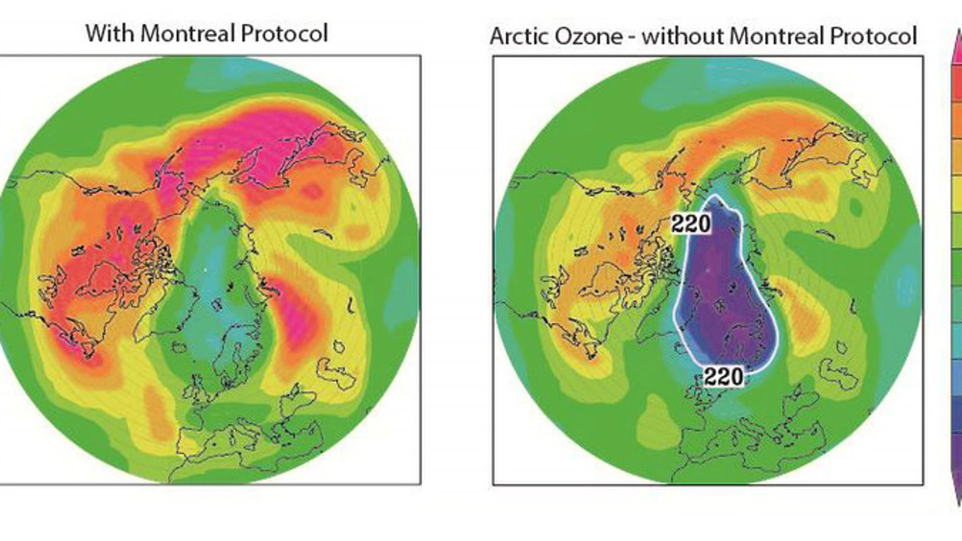 A la derecha, la apariencia que habría tenido el agujero de la capa de ozono el 26 de marzo de 2011 si no hubiera existido el Protocolo de Montreal. A la izquierda, cómo apareció la capa de ozono ese mismo día gracias a las medidas del protocolo