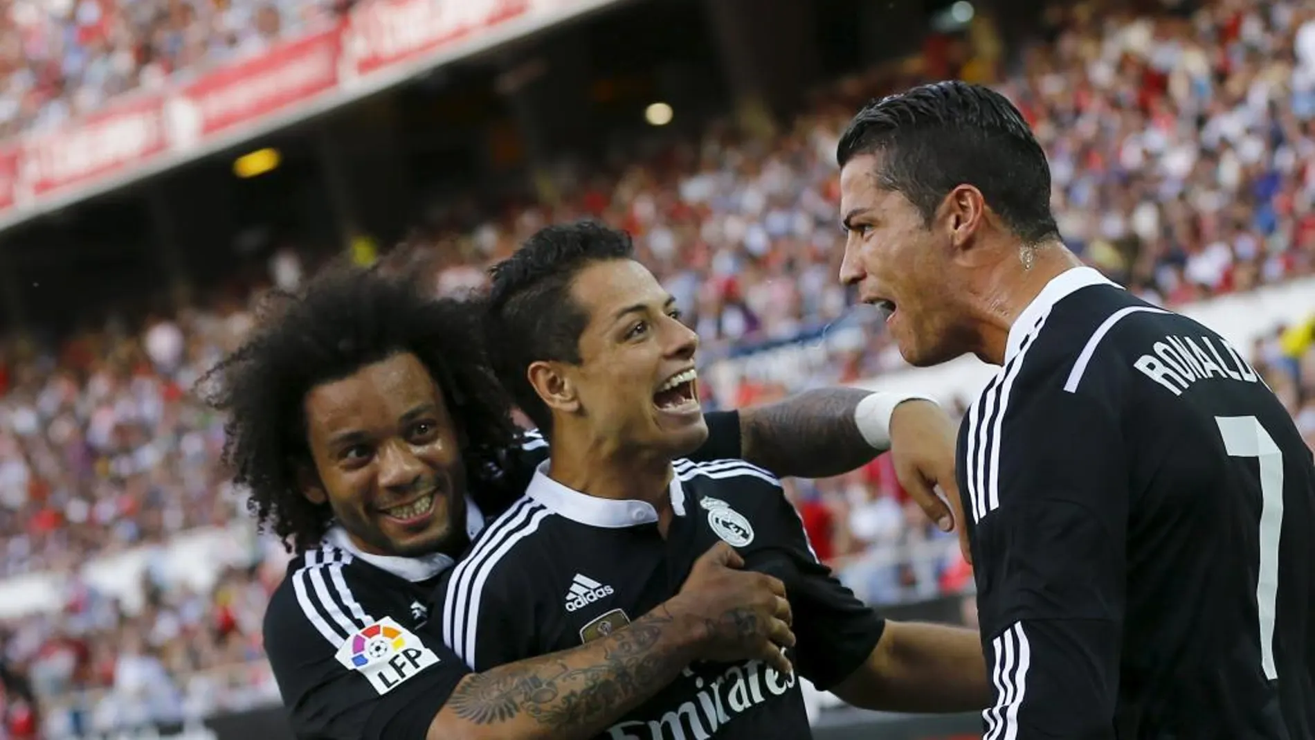 Cristiano Ronaldo (d) celebra con Marcelo (i) y Javier Hernandez "Chicharito", tras marcar al Sevilla en el partido de Liga del sábado pasado
