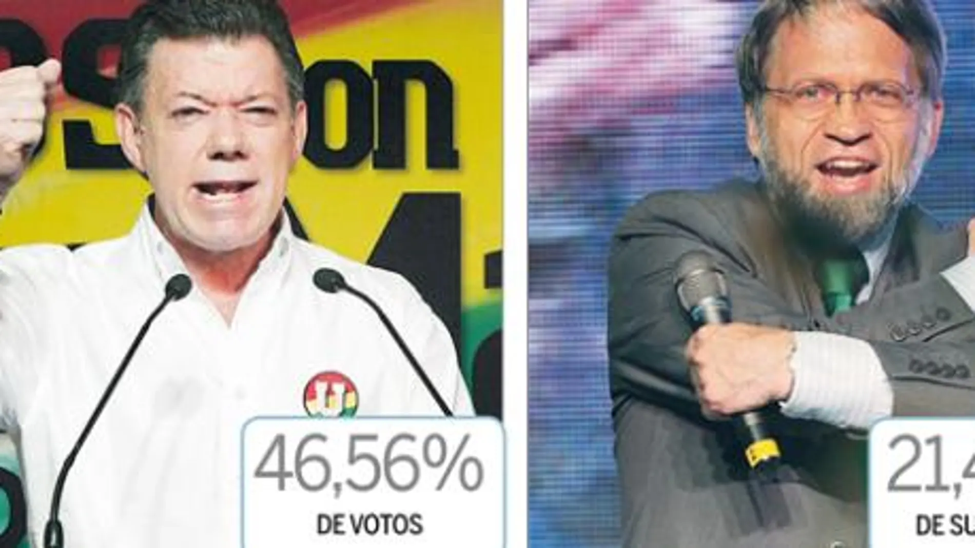 Juan Manuel Santos (izq.) celebró ayer con «humildad» su claro triunfo en la primera vuelta