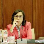 Rosa Aguilar, cariacontecida, ayer en la Comisión de Obras Públicas del Parlamento andaluz
