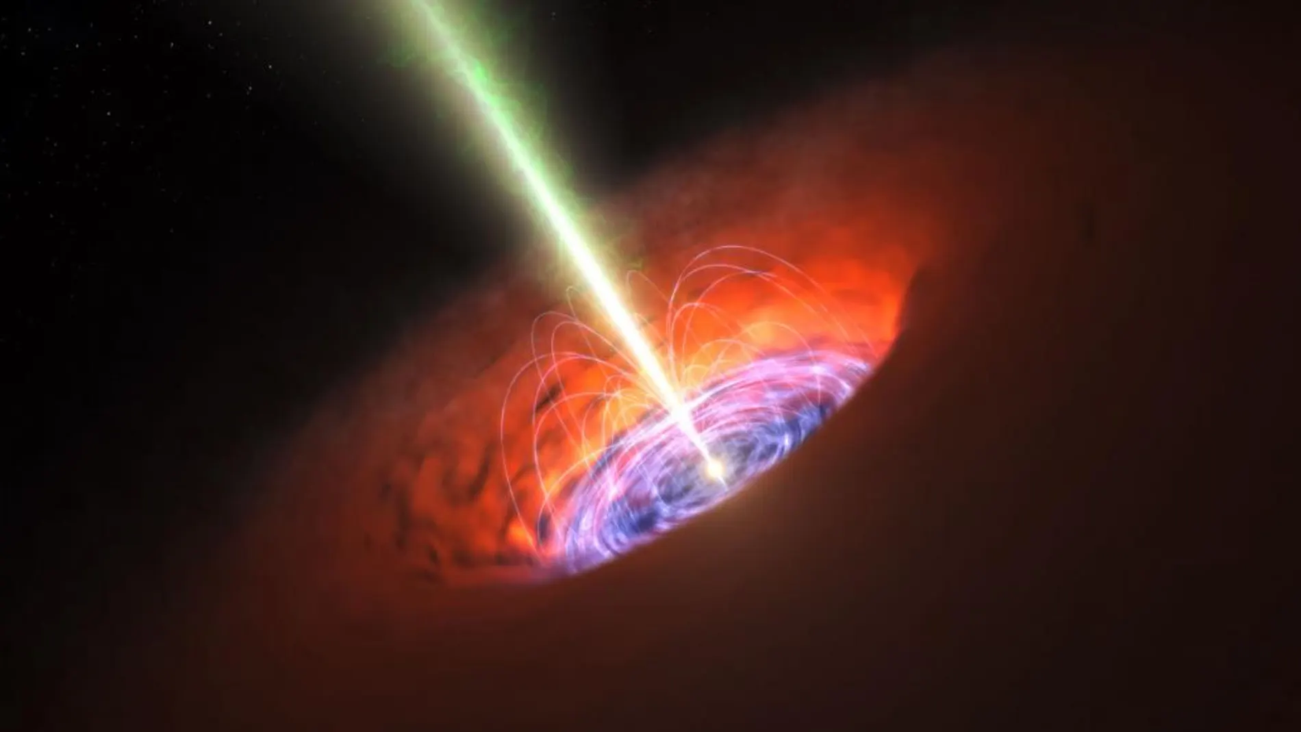 Ilustración de un agujero negro supermasivo en el centro de una galaxia