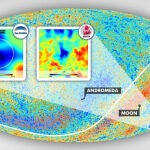 El área del punto frío reside en la constelación de Eridanus. Los recuadros muestran el entorno anómalo del cielo usando los datos de los telescopios PS1 y WISE y los de la radiación CMB del satélite Planck