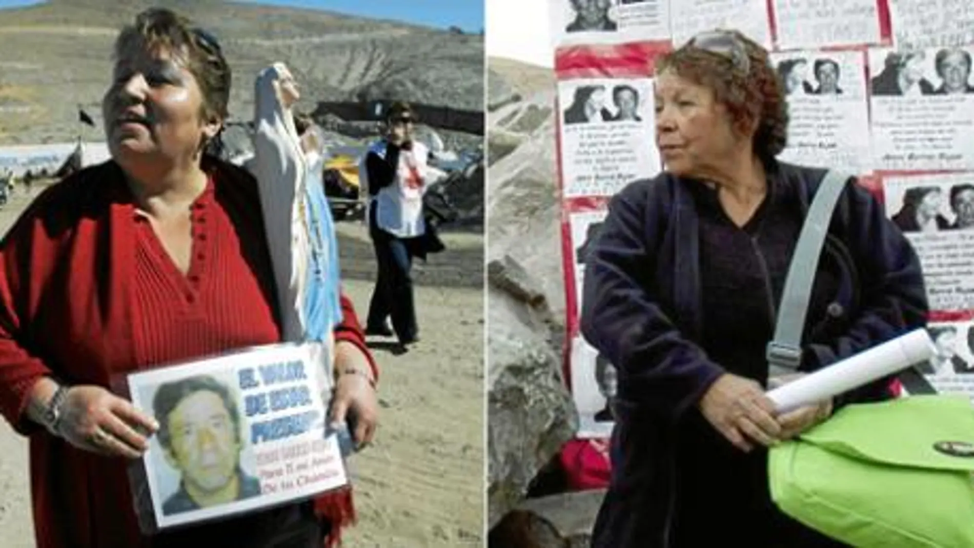 Susana Valenzuela, de 50 años, mantiene una relación con el minero desde hace cinco y Marta Salinas, mujer oficial, de 56 años, delante de un mural con mensajes de ánimo para su marido atrapado en la mina chilena