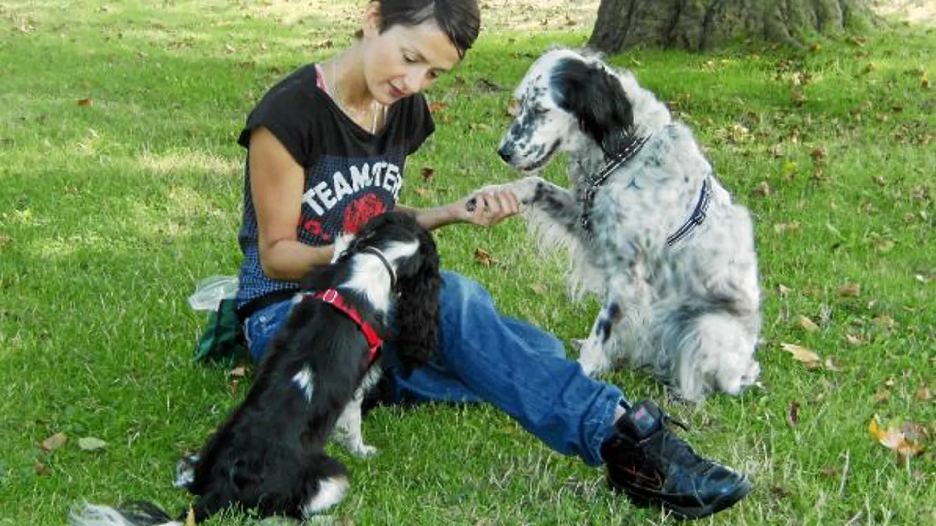 María Acha, con dos de sus «alumnos», a los que educa desde cachorros para sacar el máximo rendimiento