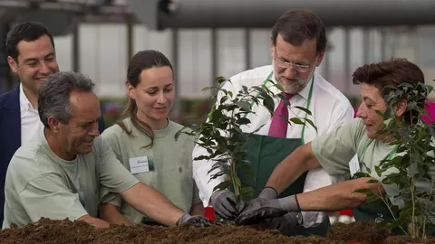 Mariano Rajoy junto a Juan Manuel Moreno durante la visita que han realizado a la empresa Viveros Guzmán