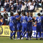 Los jugadores del Real Zaragoza celebran uno de sus goles frente a la UD Salamanca
