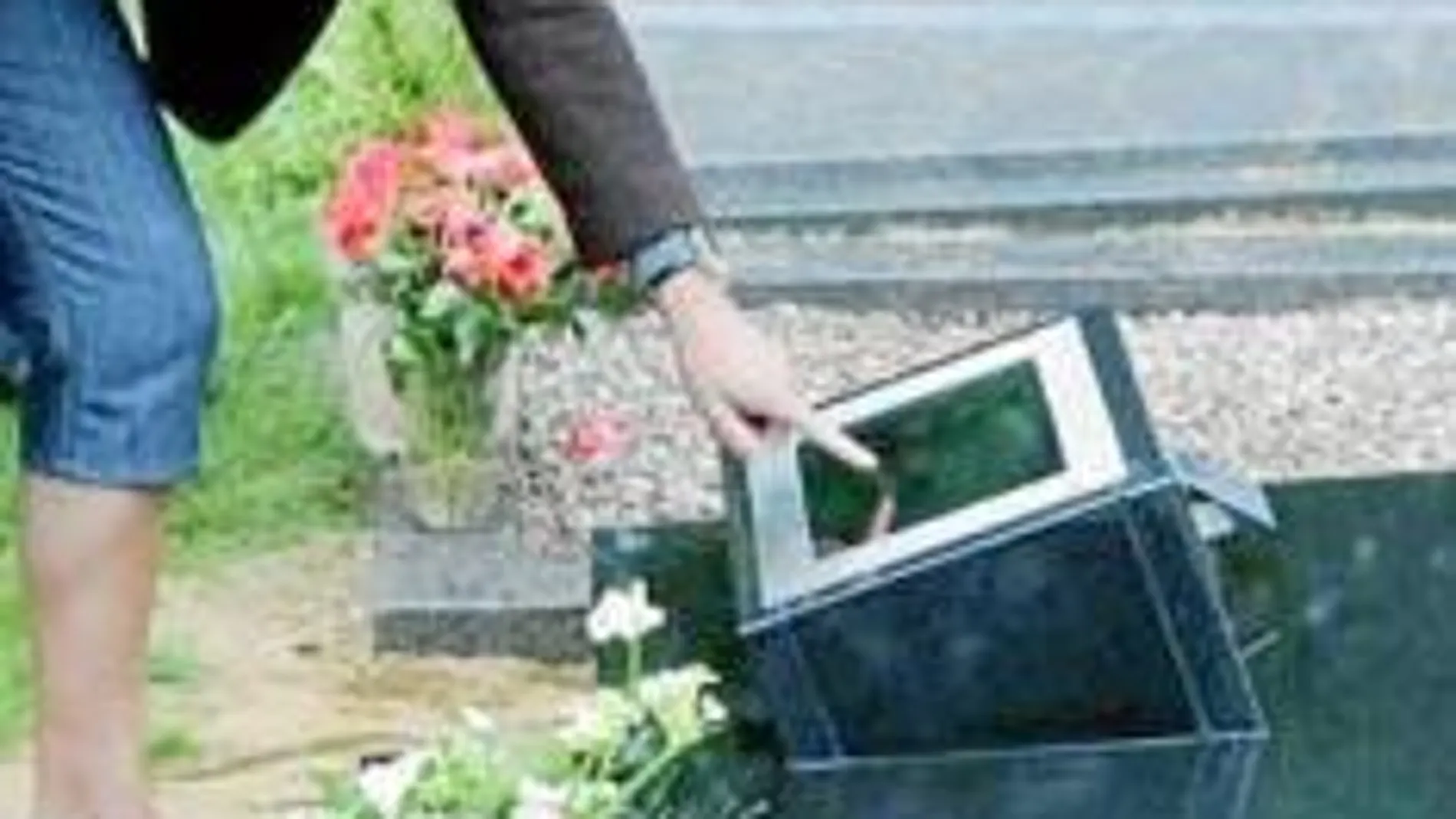 Una visitante del cementerio de Rhenen (Holanda) ante la primera «lápida digital»