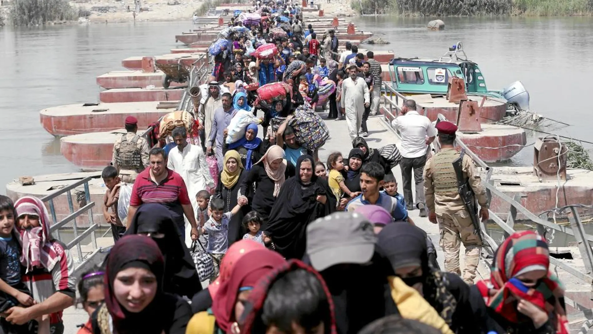 Miles de suníes huidos de Ramadi, ayer, en un puente a las afueras de Bagdad