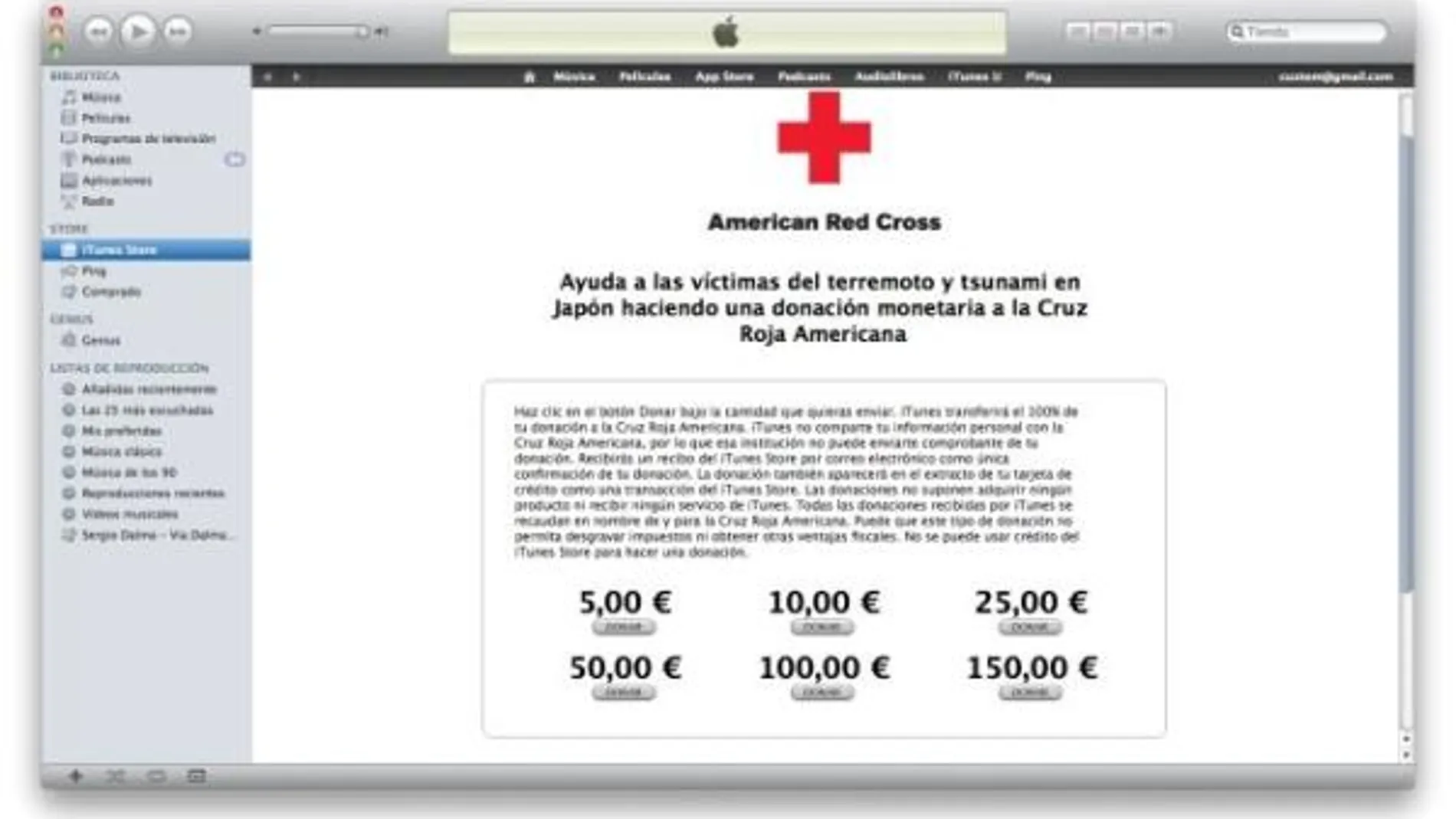 En la imagen, la opción que ha habilitado Apple en iTunes. Cómo ayudar a los damnificados por el terremoto de Japón