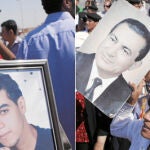 Un hombre muestra a su hijo muerto. Arriba, partidarios de Mubarak