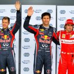 Webber celebra 'pole' conseguida junto a su compañero de equipo, Vettel, segundo, y Fernando Alonso, tercero
