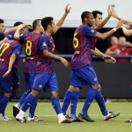 Los jugadores del FC Barcelona celebran un gol ante el América de México