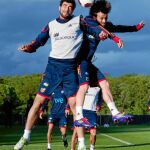 Albiol y Silva disputan un balón aéreo en el entrenamiento de ayer de la Selección española