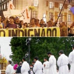 En la imagen superior, marcha del «Orgullo indignado», ayer en la puerta del Sol. Abajo, una imagen de archivo de la procesión del Corpus en la Almudena