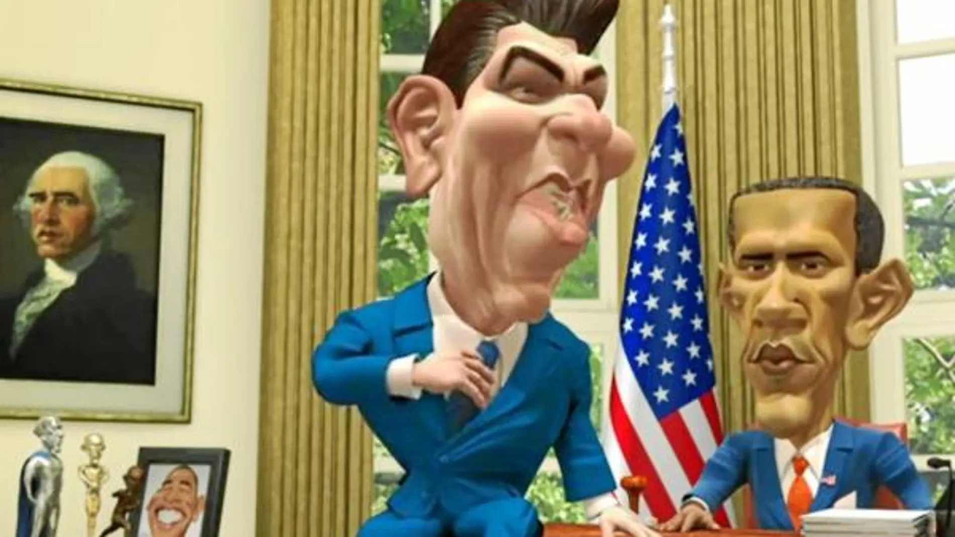 Ronald Reagan intenta aconsejar a Obama en el Despacho Oval, en una secuencia de la película