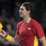 El tenista español Rafael Nadal celebra la victoria conseguida frente al belga Ruben Bemelmans
