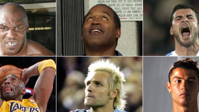 Mike Tyson, O. J Simpson, Braulio (arriba) y Kobe Bryant, Santiago Cañizares, Cristiano Ronaldo (abajo). Acusados por acostarse con menores (Cañizares), abuso sexual o asesinato