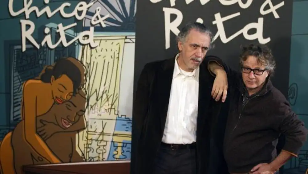 Javier Mariscal y Fernando Trueba en un acto promocional de su película de animación 'Chico & Rita'