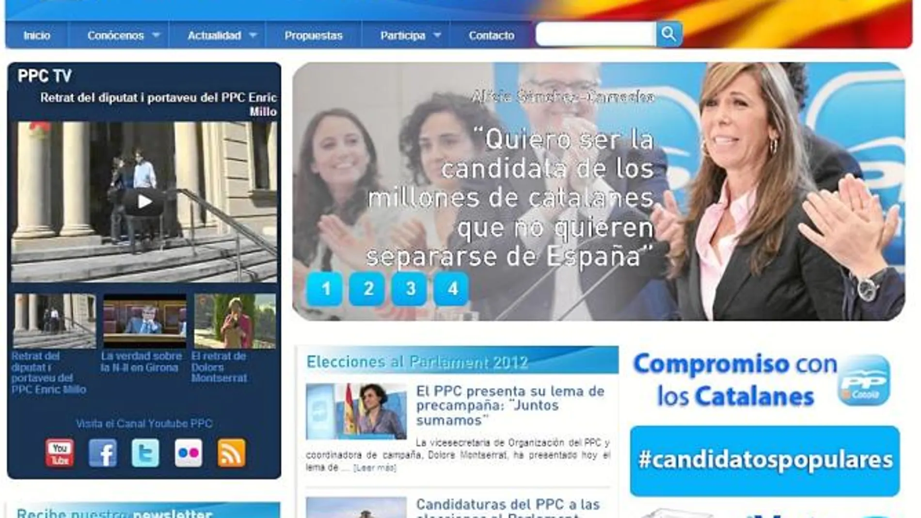 La página web del PP catalán destaca la figura de su presidenta, Alicia Sánchez-Camacho, como «candidata de los millones de catalanes que no quieren separarse de España».