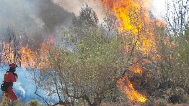 Un bombero trata de sofocar las llamas en uno de los focos 