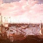 Ilustración del ataque de los barcos ingleses contra la Armada española en Calais, perteneciente a la escuela holandesa