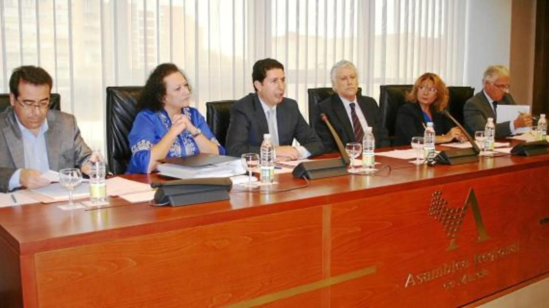 El consejero de Obras Públicas, Antonio Sevilla (3 izquierda), durante la Comisión de Política Territorial, Medio Ambiente, Agricultura y Agua, ayer en la Asamblea Regional