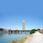 Recreación de la vista de la Torre Pelli desde el Muelle de la Sal una vez que esté construido el edificio