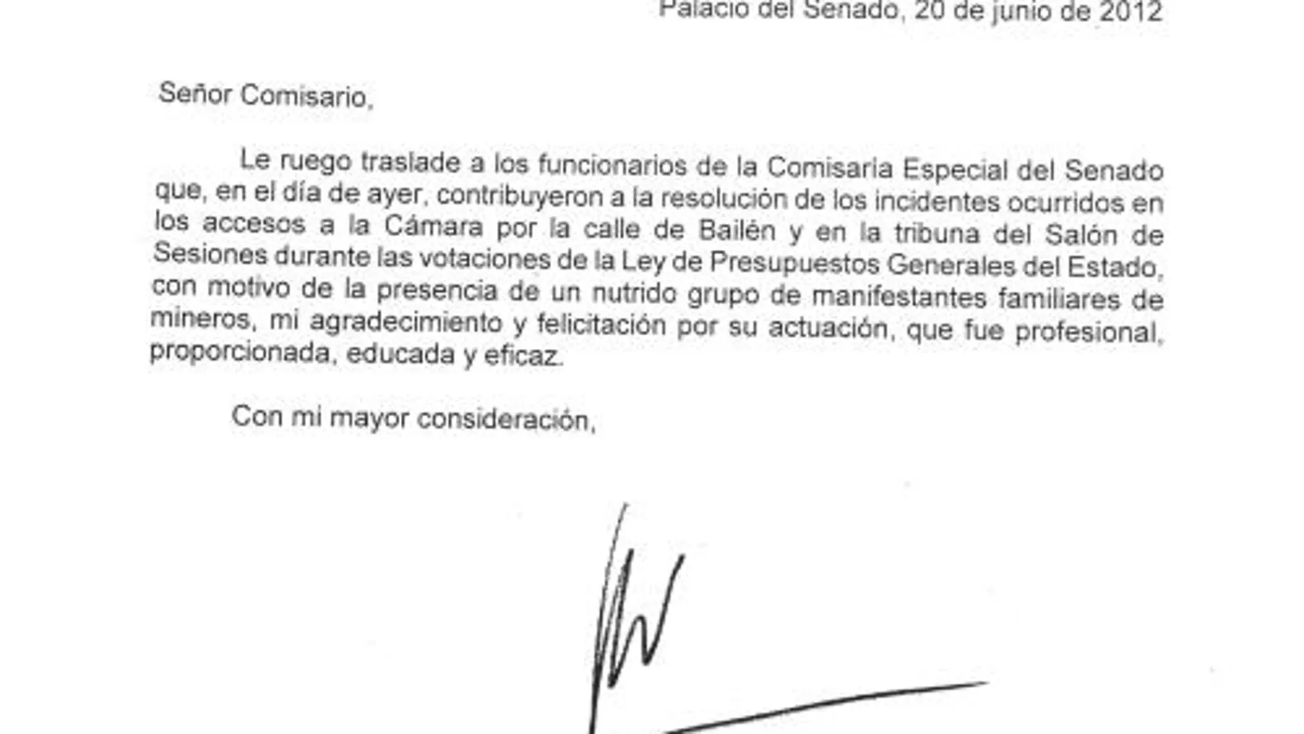 El presidente del Senado alaba a policías y ujieres tras la protesta de los familiares de los mineros