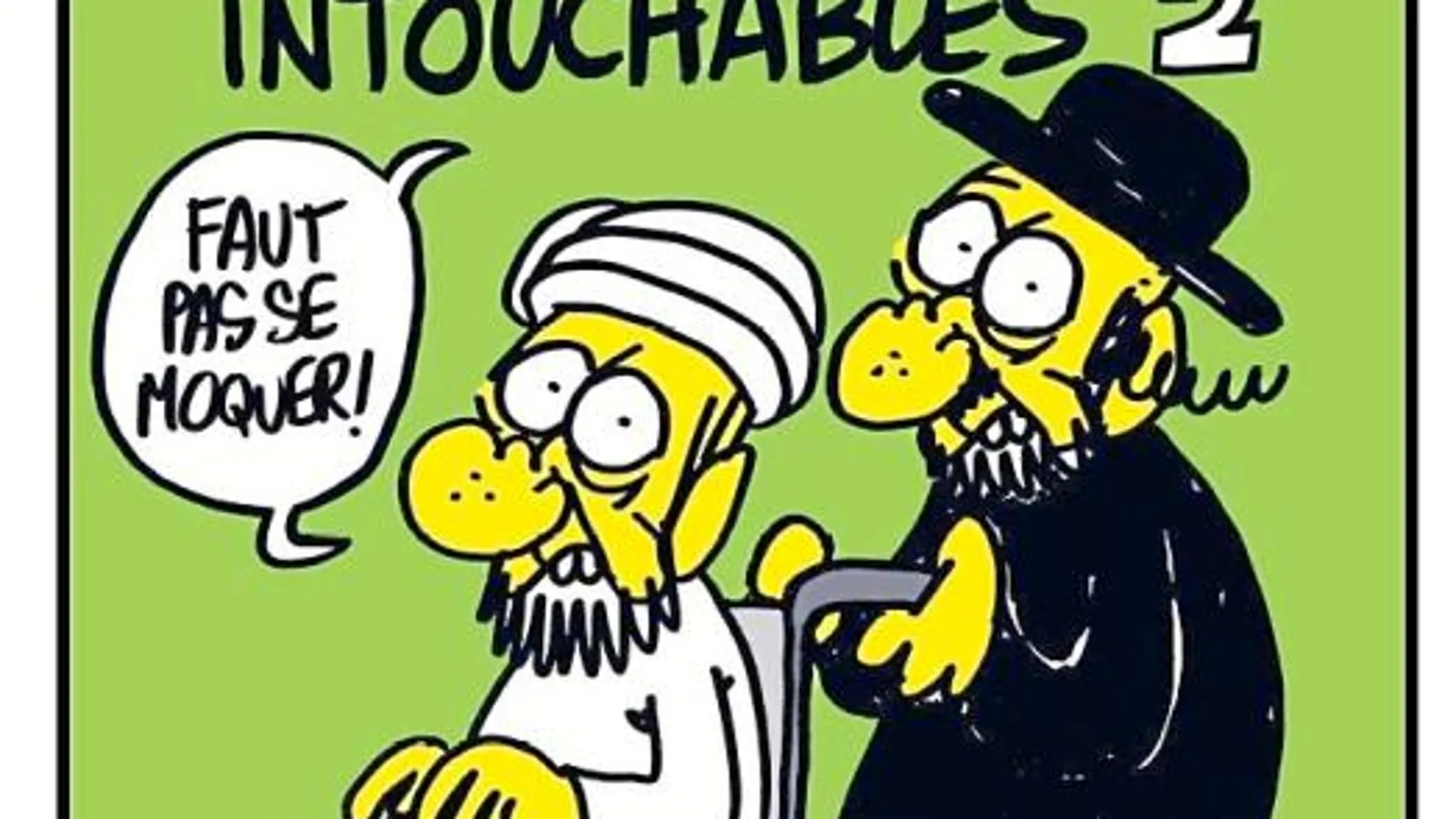 La revista «Charlie Hebdo» vuelve a dibujar a Mahoma. En su portada, un judío ortodoxo empuja la silla de un imán bajo el título de «Intocables 2», en alusión al taquillazo en los cines franceses
