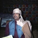 Muamar Muhamad Al Gadafi en el 12 de enero 1986, durante un arueda de prensa ofrecida en una tienda beduína a la afueras de Trípoli