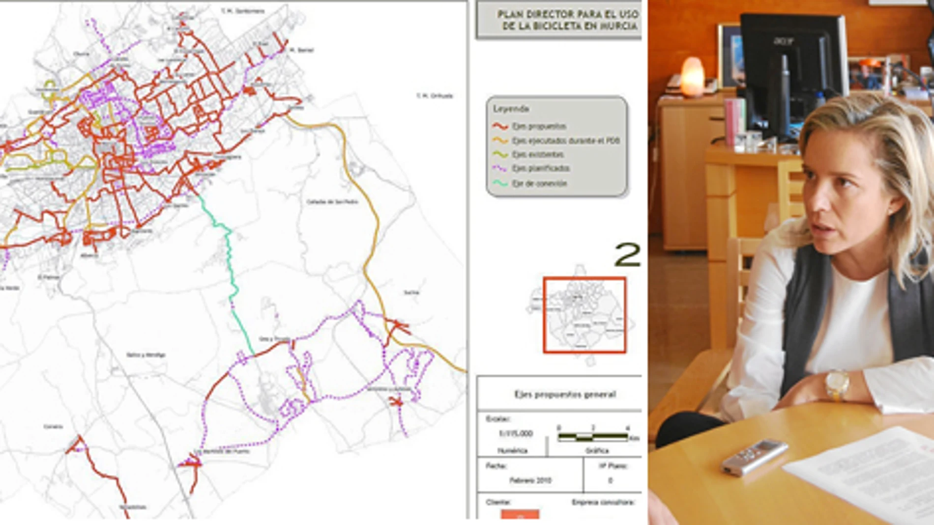 Mapa de los carriles bici existentes en Murcia, y la concejal de Medio Ambiente, Adela Martínez Cachás