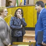 Martínez Aguayo conversa con Valderas ante la mirada de Moreno, ayer, en el Parlamento