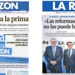 Arriba, la portada del 31 de mayo de 2012 correspondiente a la participación de Aguirre en «Los desayunos de LA RAZÓN»; y en «LA RAZÓN de...» del 15 de marzo de 2011