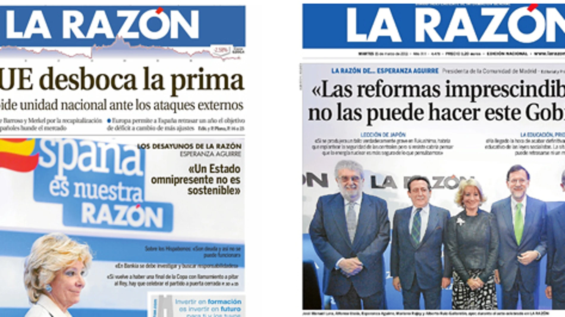 Arriba, la portada del 31 de mayo de 2012 correspondiente a la participación de Aguirre en «Los desayunos de LA RAZÓN»; y en «LA RAZÓN de...» del 15 de marzo de 2011