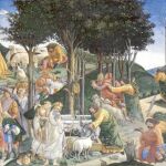 boticelli pintó «Pruebas de Moisés» entre 1481 y 1482 por encargo de Sixto IV y representa varios hechos de la vida de Moisés del «Libro del Éxodo»
