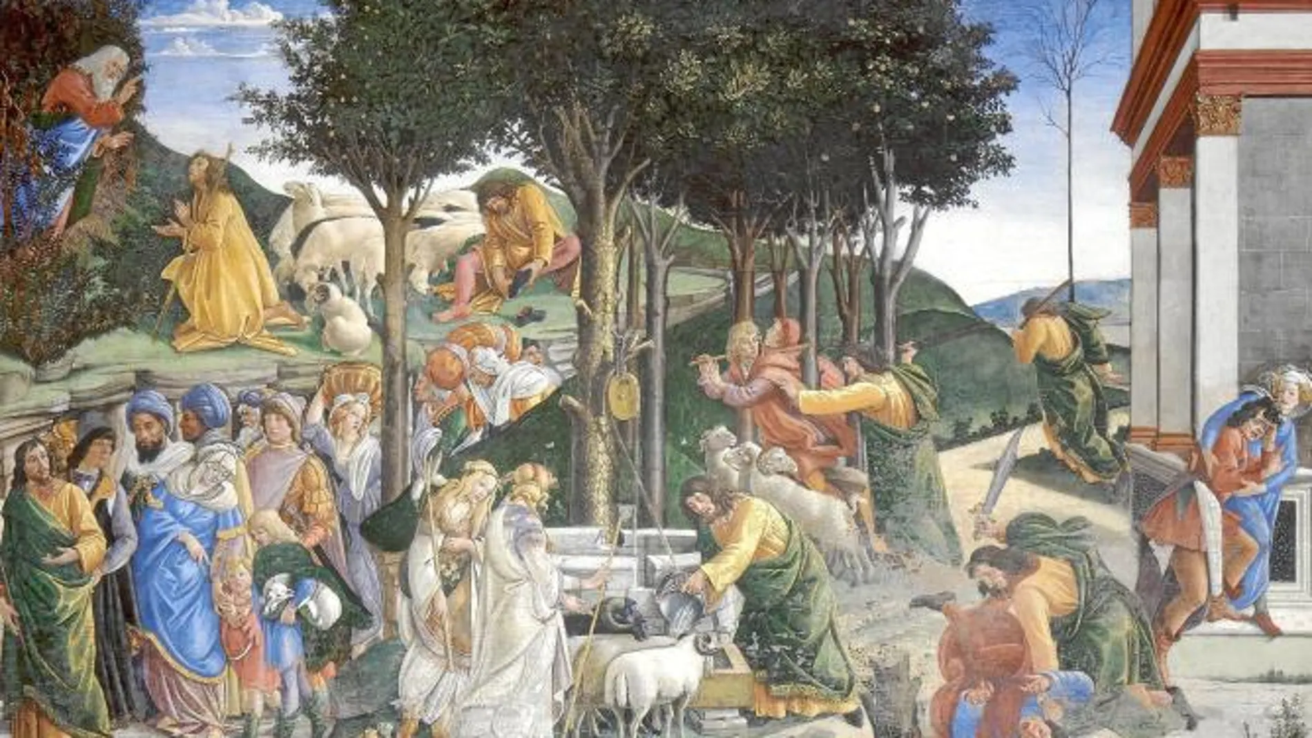 boticelli pintó «Pruebas de Moisés» entre 1481 y 1482 por encargo de Sixto IV y representa varios hechos de la vida de Moisés del «Libro del Éxodo»