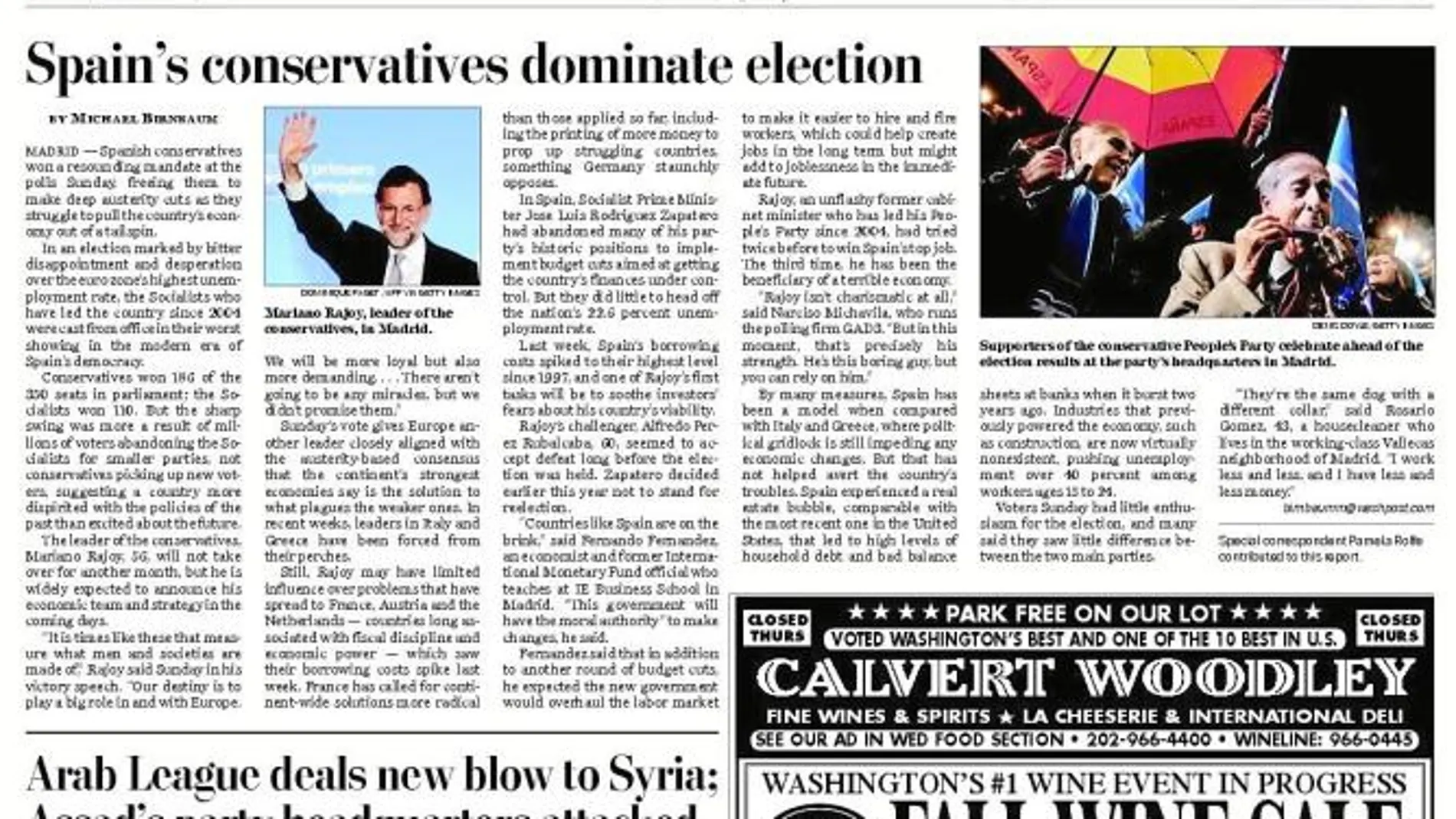 «The Washington Post» informaba en páginas interiores sobre el 20-N: «Los conservadores se imponen en las elecciones».