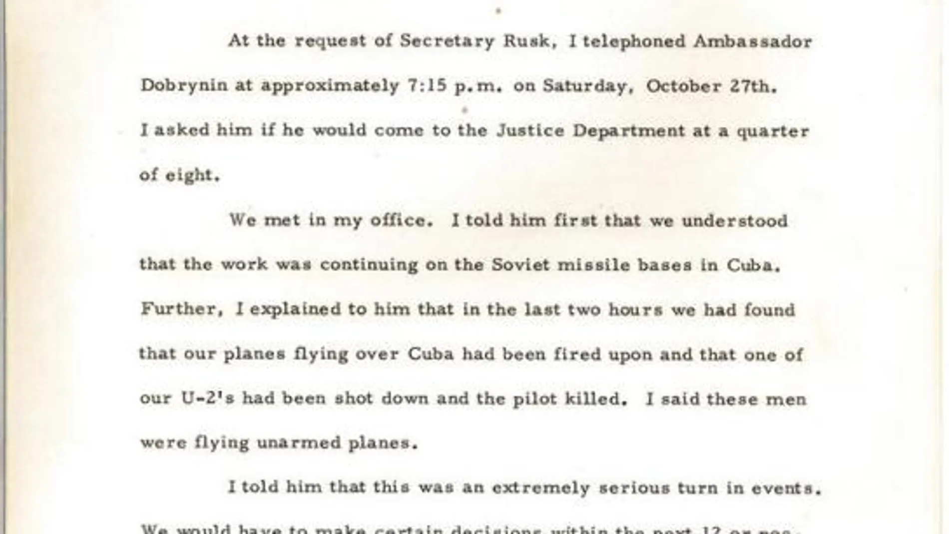 Memorándum que Robert Kennedy redactó a petición del secretario de Estado, Dean Rusk