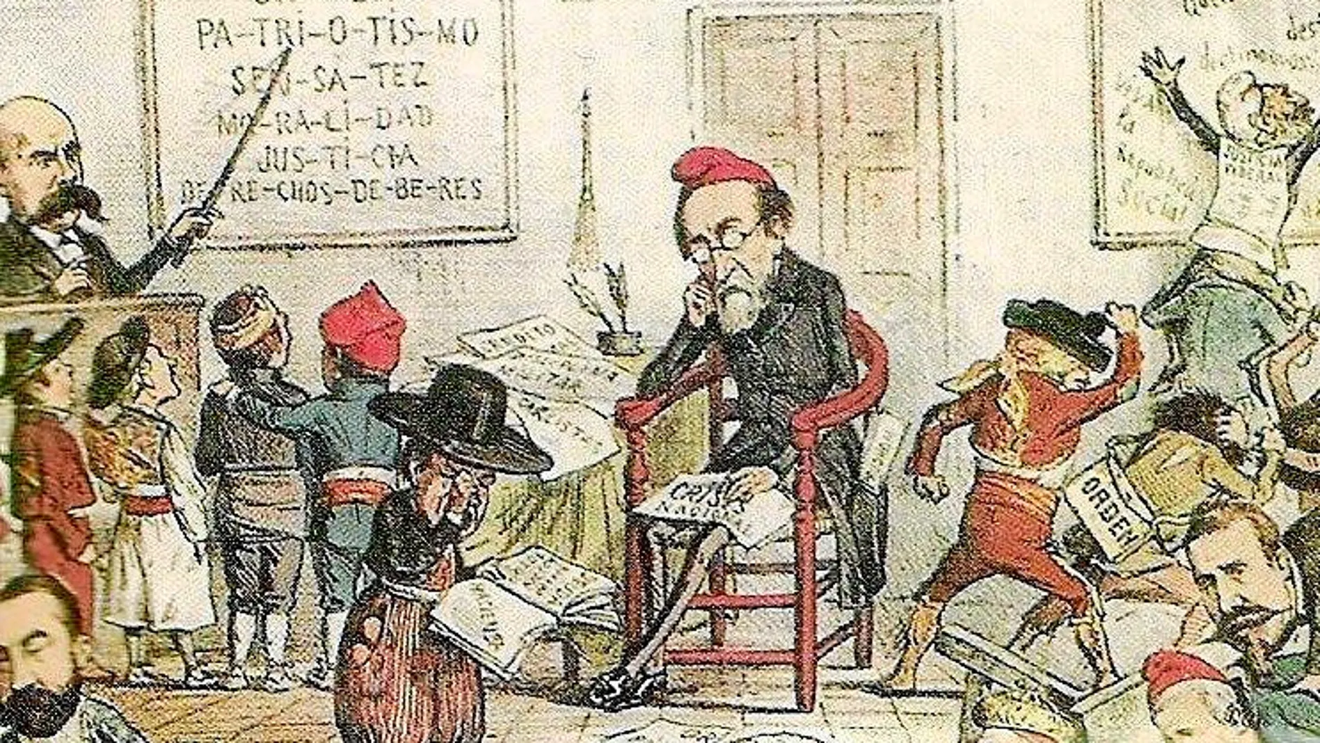 Caricatura publicada en la revista «La flaca» que muestra a Pi y Margall desbordado por el federalismo