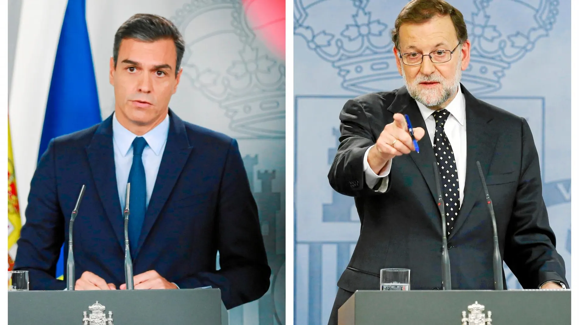 Sánchez, durante la comparecencia del martes en Moncloa y Rajoy en Moncloa en 2016 cuando declinó el encargo del Rey / Luis Díaz