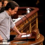El líder de Podemos, Pablo Iglesias, durante su intervención en el Congreso. EFE/Ballesteros
