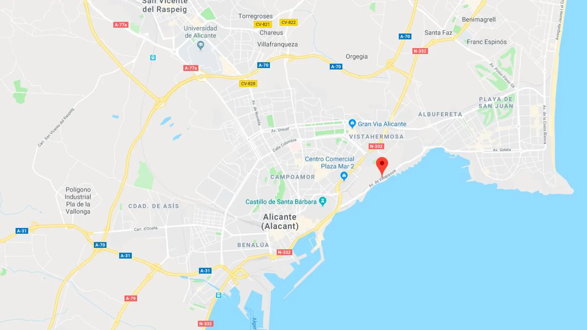 Localización de la Avenida de la Villajoyosa en Alicante