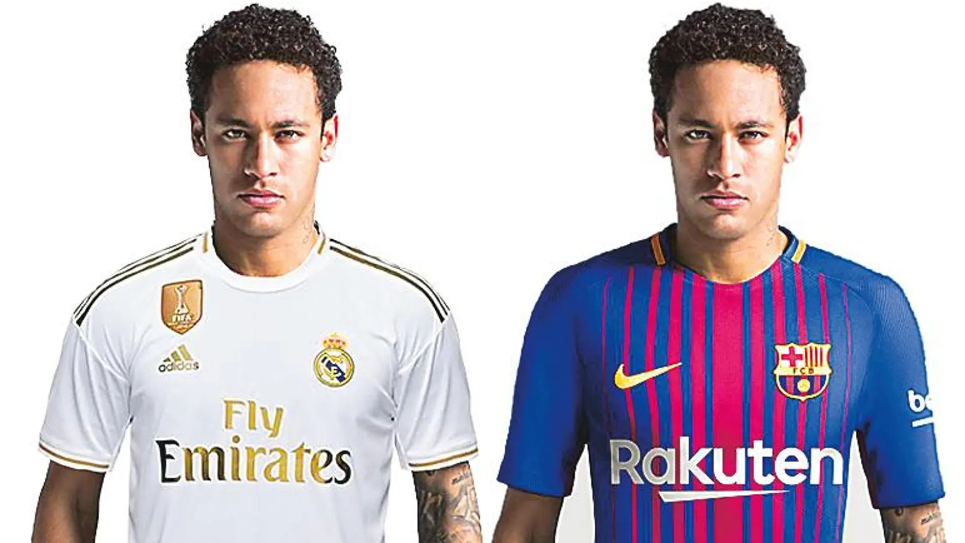 Neymar con las camisetas de Real Madrid y Barcelona